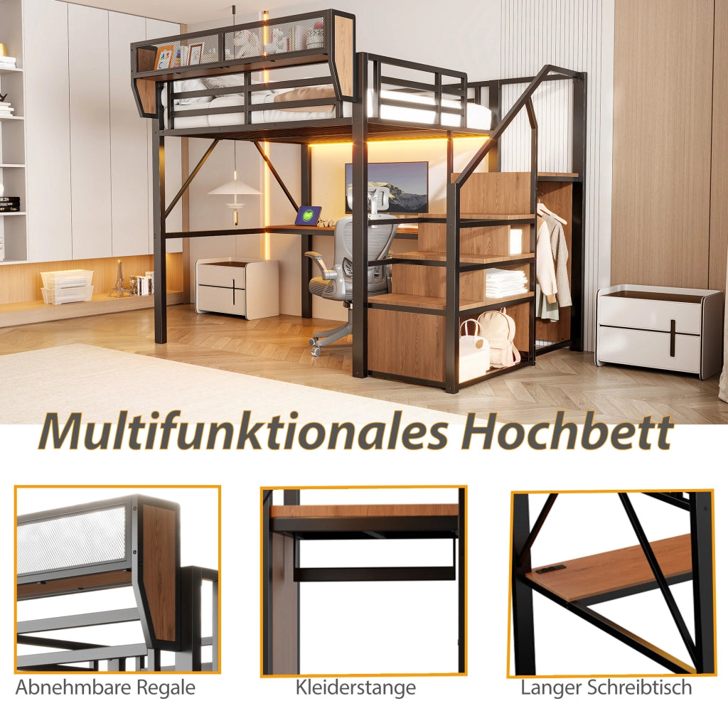 Letto a soppalco 140x200 cm con scrivania, LED e scaffale
