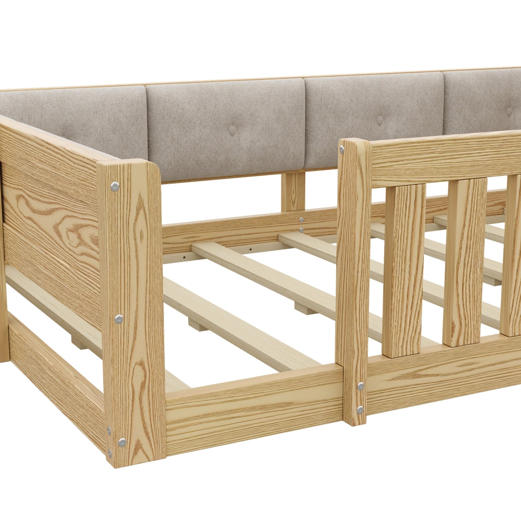 Letto bambino 90×200 cm con testiera contenitore; LED e sponde di sicurezza; senza materasso; naturale