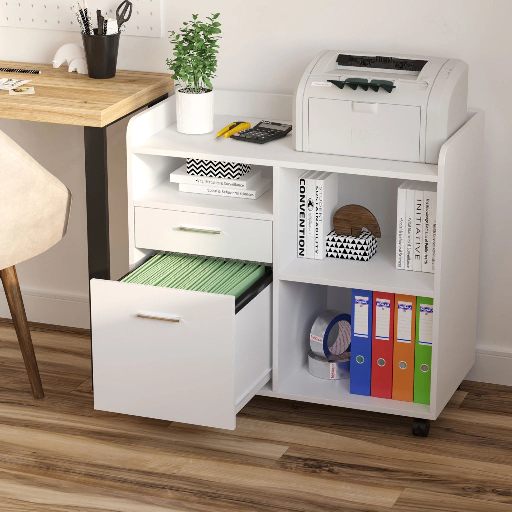 Scrivania per stampante con 3 scomparti, 2 cassetti, scaffale e ruote ¨C zephmum ¨C 80x40x72 cm bianco