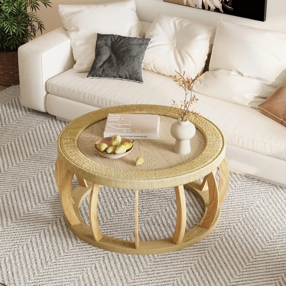 Tavolino da Caff¨¨ Rotondo in Legno Massello e Rattan ¨C MINIMAL ¨C Naturale, Gambe Curve