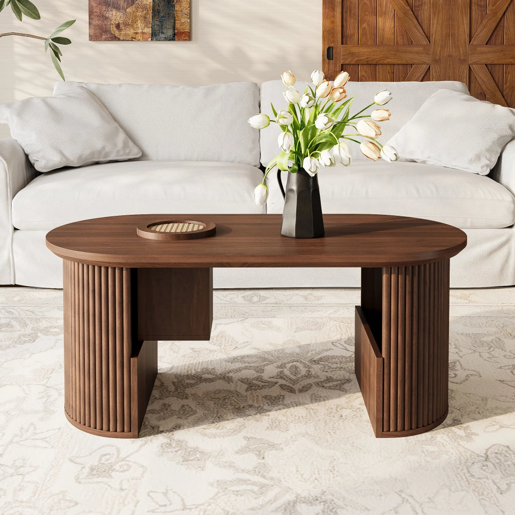 OKWISH Tavolino da Caffè Ovale con Vani Integrati e Ripiani Aperti, per Soggiorno, MDF, Noce, 105×50×46,5 cm