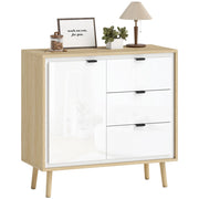 Credenza Moderna con 3 Cassetti e Armadietto. Ripiano Interno Regolabile e Ante Lucide. Bianco e Rovere