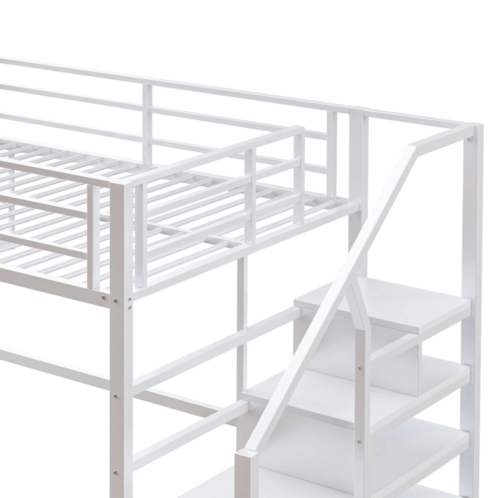 Letto a soppalco 140x200 cm con ripiani e scala contenitore, bianco