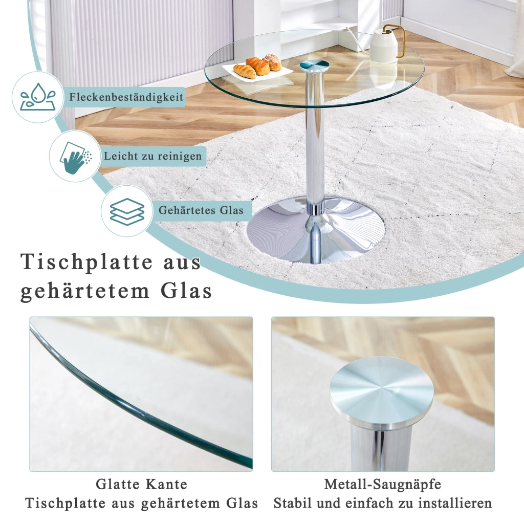 Tavolo da Pranzo Rotondo per 4 Persone; Stile Minimalista; in Vetro e Metallo; Argento Trasparente; 85 x 76 cm