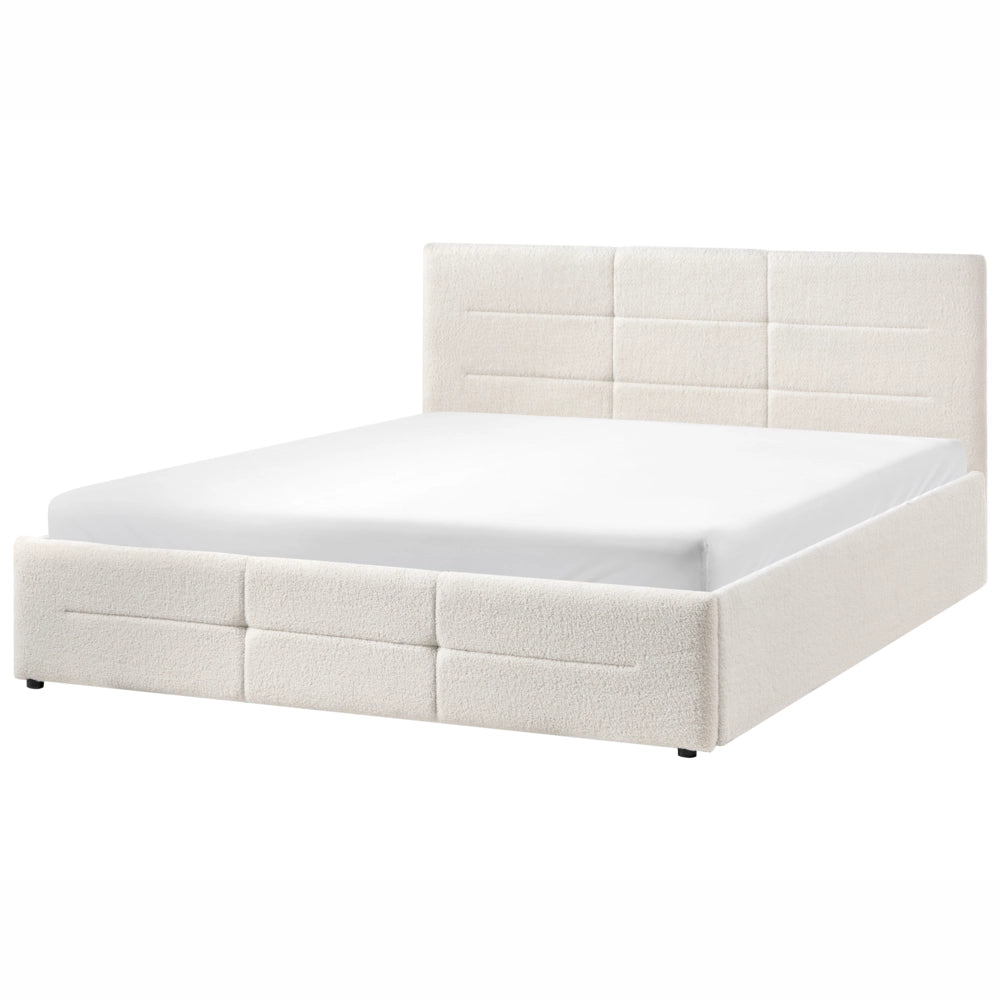 Letto ottomano bianco sporco bouclé 160x200 cm con testiera sollevabile e base a doghe Design moderno