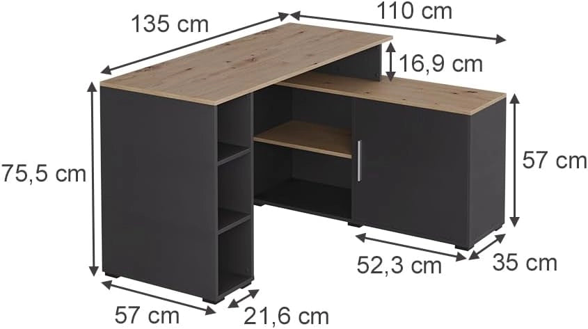 Scrivania angolare Rudy, Antracite/Artisan, 135 x 110 cm con ripiani, per una configurazione flessibile dello spazio di lavoro e dell’utilizzo dello spazio