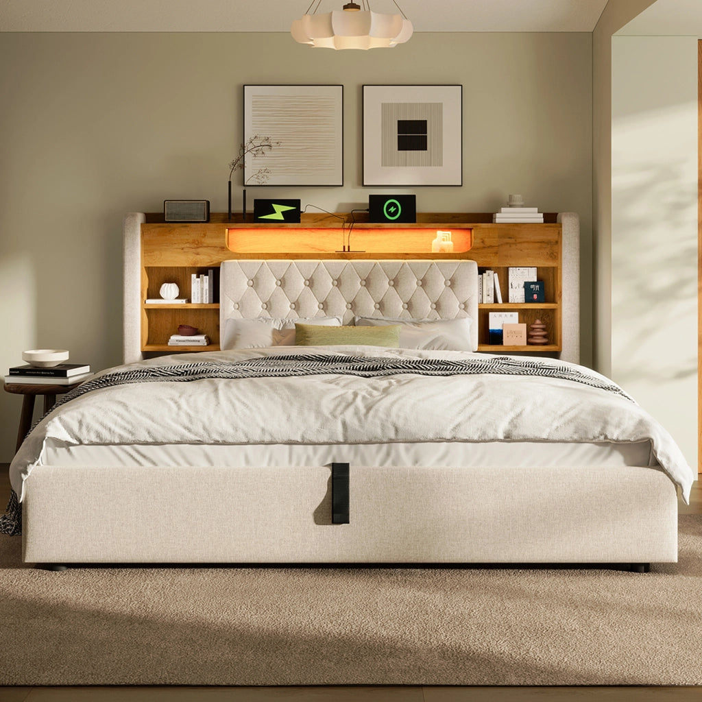 Letto Imbottito Contenitore con LED ¨C MINIMAL ¨C Tessuto Beige 140x190 Idraulico USB