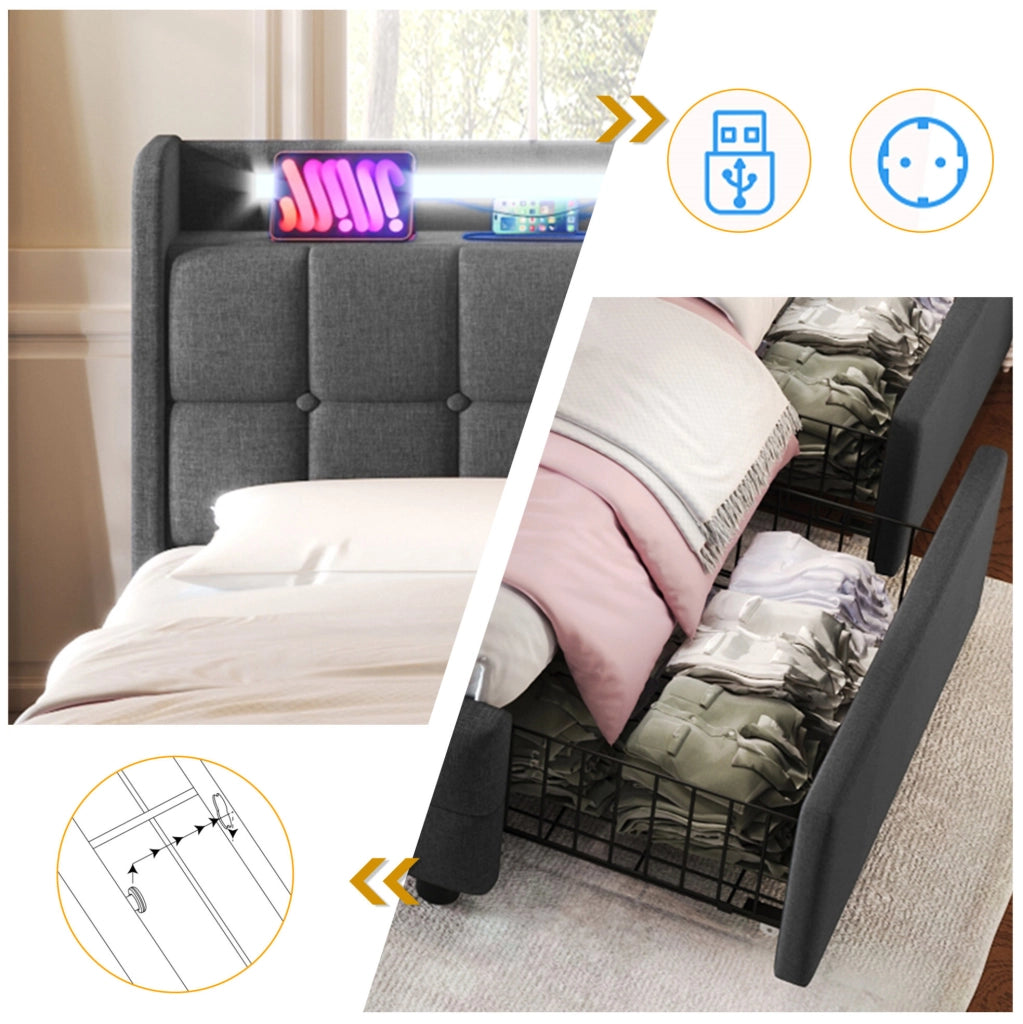 Letto matrimoniale 140x200 cm con 4 cassetti; testiera con prese e USB; LED; grigio