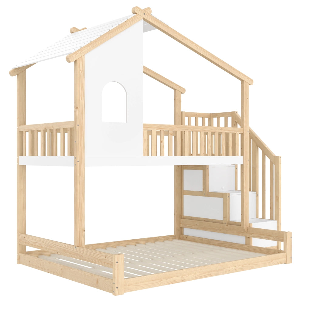 Letto a castello per bambini in legno di pino, 90x200 cm + 140x200 cm, con scala contenitore, Naturale/Bianco
