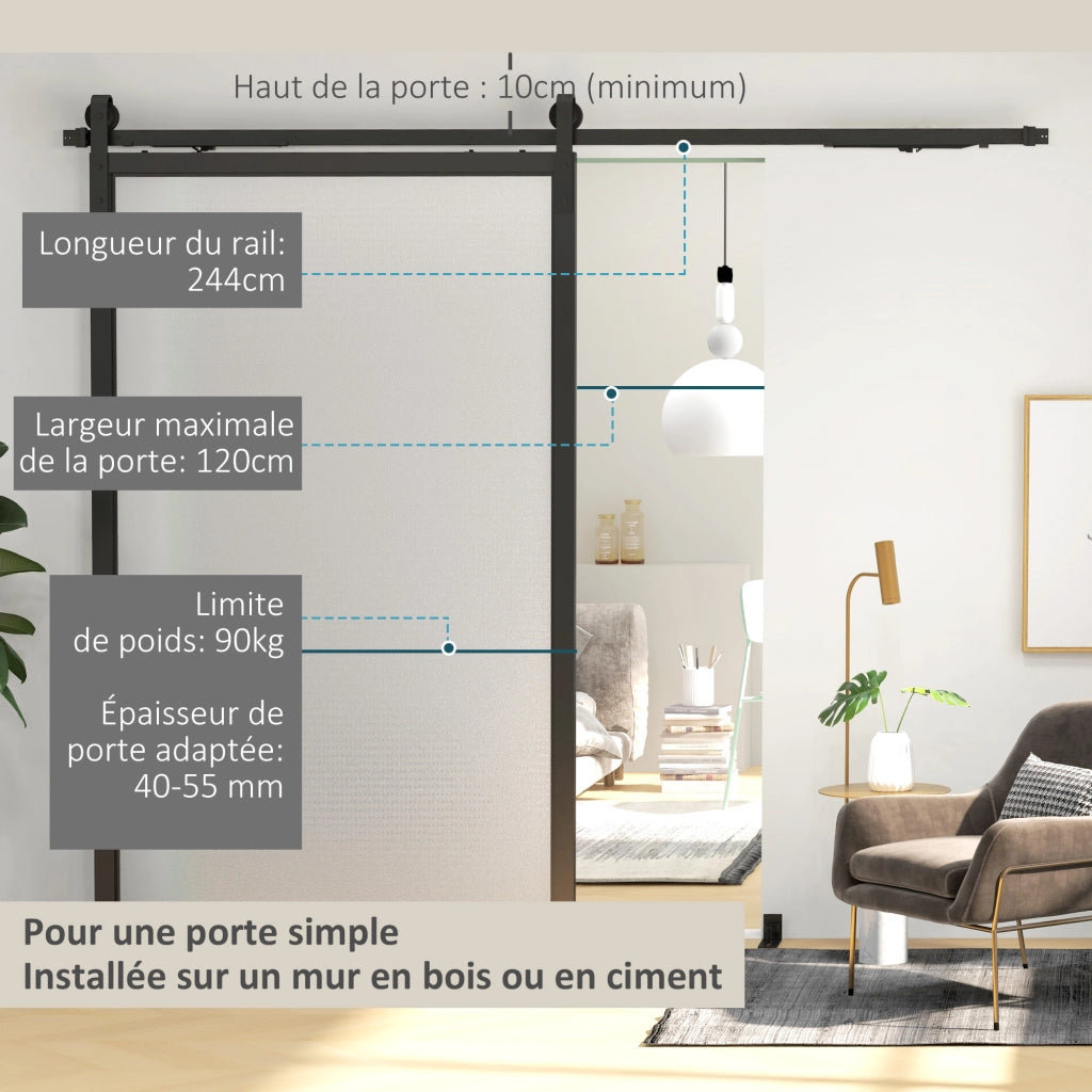 Kit rotaia scorrevole per porta a grana ¨C zephmum ¨C acciaio nero 244 cm