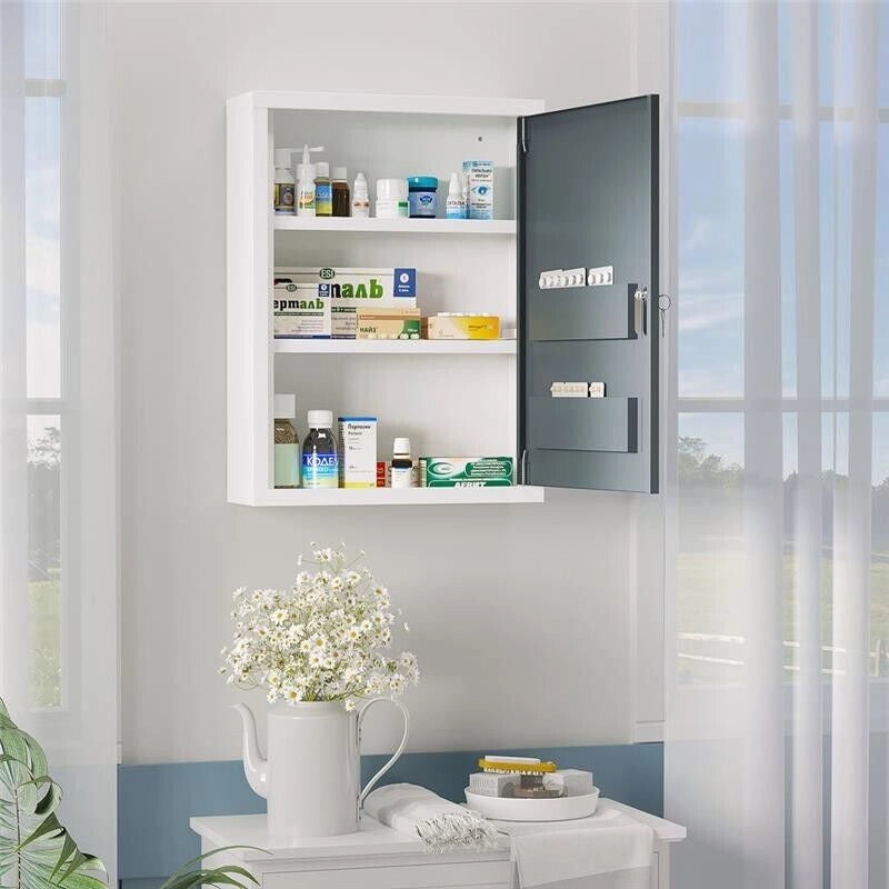 ARMADIETTO MEDICINALI CON 3 RIPIANI E BLOCCO CON CHIAVI IN ACCIAIO, 40X15X53.5CM, BIANCO E GRIGIO