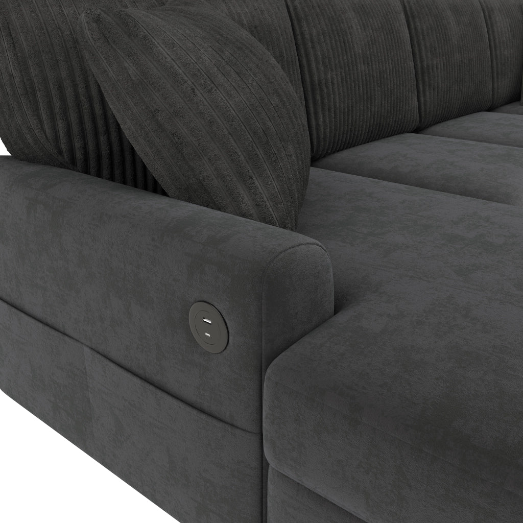 Divano angolare a U con chaise longue; 3 cuscini; USB e Type-C in chenille grigio