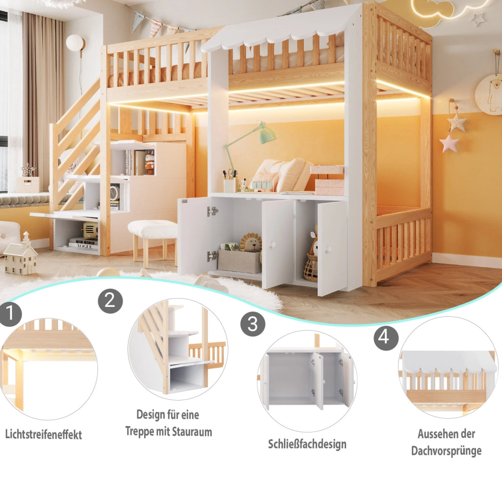 Letto a soppalco 90x200 cm con scala contenitore e luci colorate