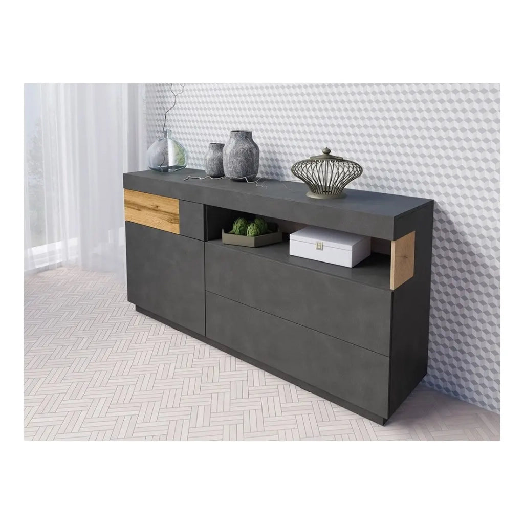 Collezione buffet KILES 170cm. Colori grigio antracite e rovere. Stile design.