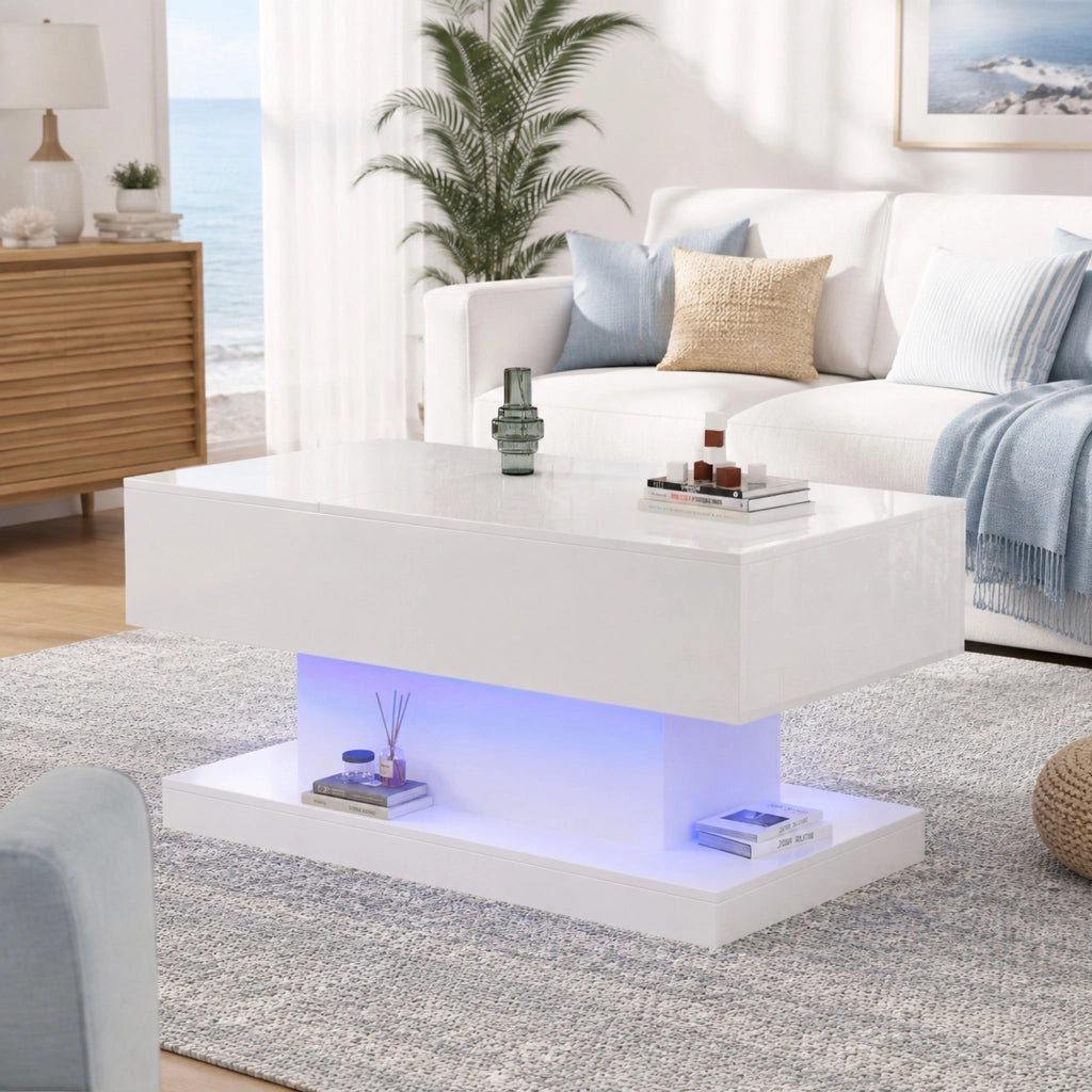 Tavolino da caff猫 con LED; piano sollevabile idraulico e scorrevole; 100x50x45 cm; bianco