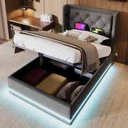 Letto singolo 90x200 cm in cotone grigio con contenitore idraulico, testiera imbottita, USB Type-C e LED a 3 lati