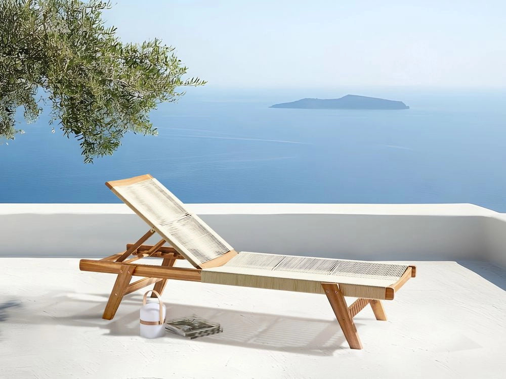 Lettino da giardino per piscina sdraio reclinabile in legno d'acacia corda beige esterno elegante