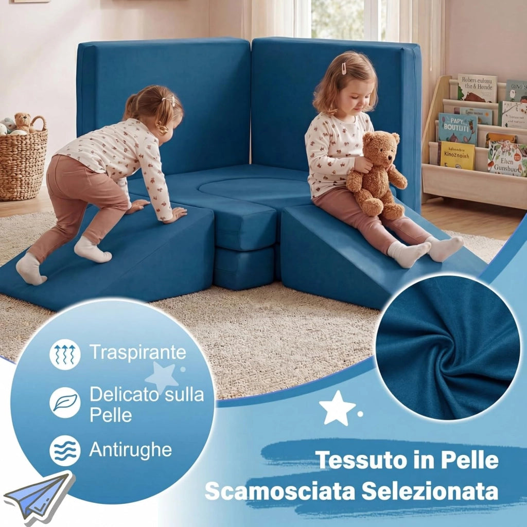 Divano da Gioco per Bambini Trasformabile, Poltrona Modulare a 10 Pezzi, Tessuto Suede e Schiuma ad Alta Elasticità, Divanetto per Bambini 3+ Anni, per Camerette, Soggiorno e Studio (Blu)