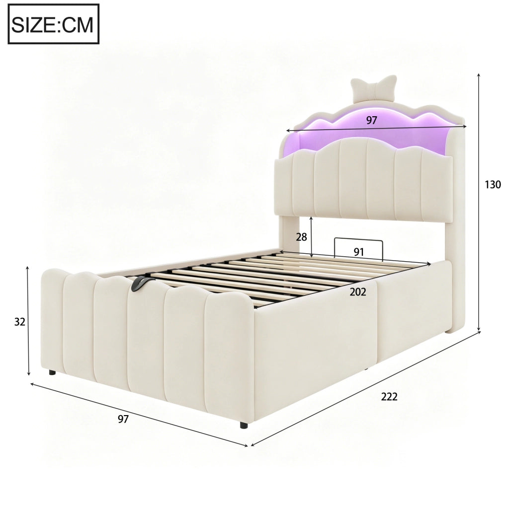 Letto per bambini imbottito 90x200 cm con contenitore idraulico; LED; USB e USB-C; beige