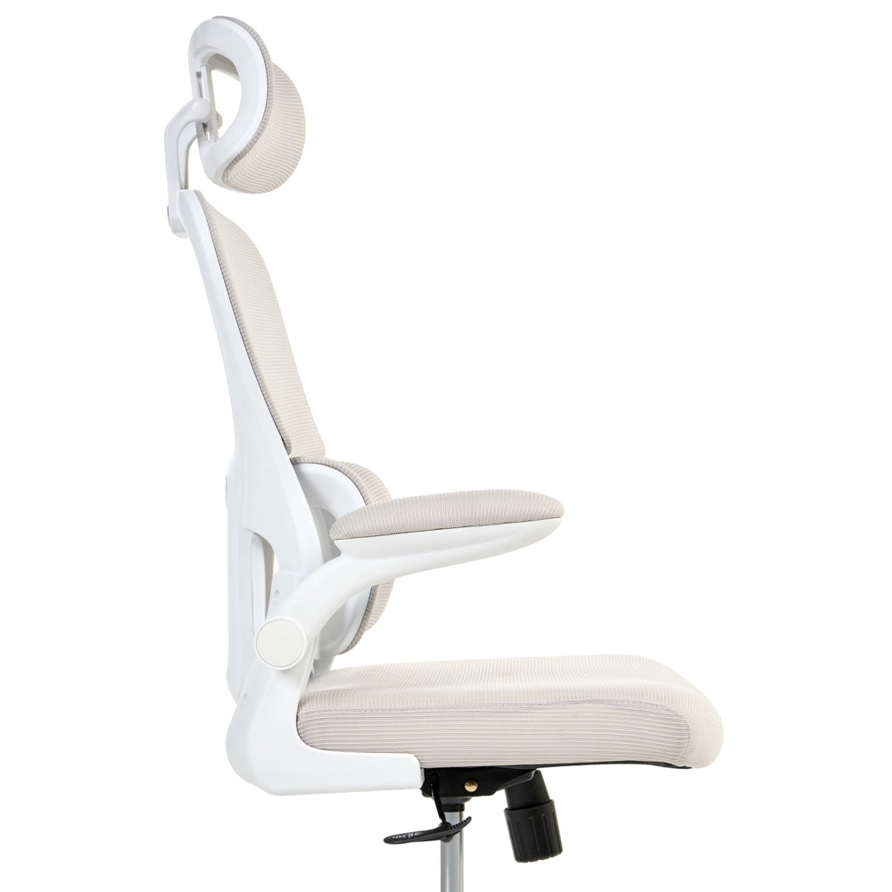 Sedia da ufficio beige con rivestimento in rete base in ferro girevole altezza regolabile poggiatesta e braccioli schienale reclinabile