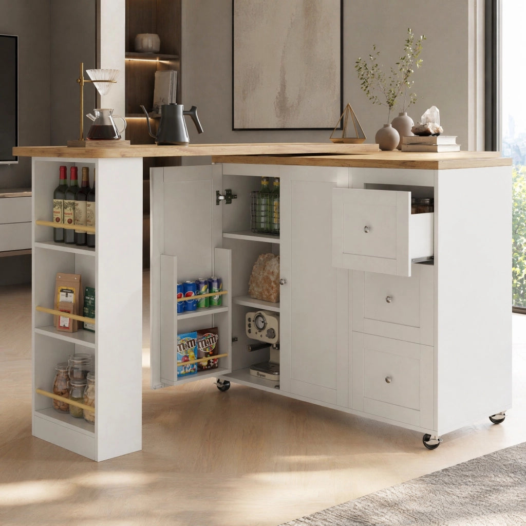Mobile Bar con 2 Ante; 3 Cassetti e 3 Ripiani; Girevole a 360° con Ruote; per Cucina; Bianco