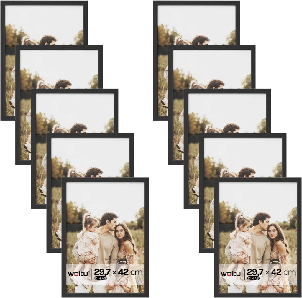 Set di 10 Cornici A3 29,7x42 cm con Passepartout, Portafoto in Orizzontale o Verticale, da Parete o Tavolo, in Legno MDF, Bianco