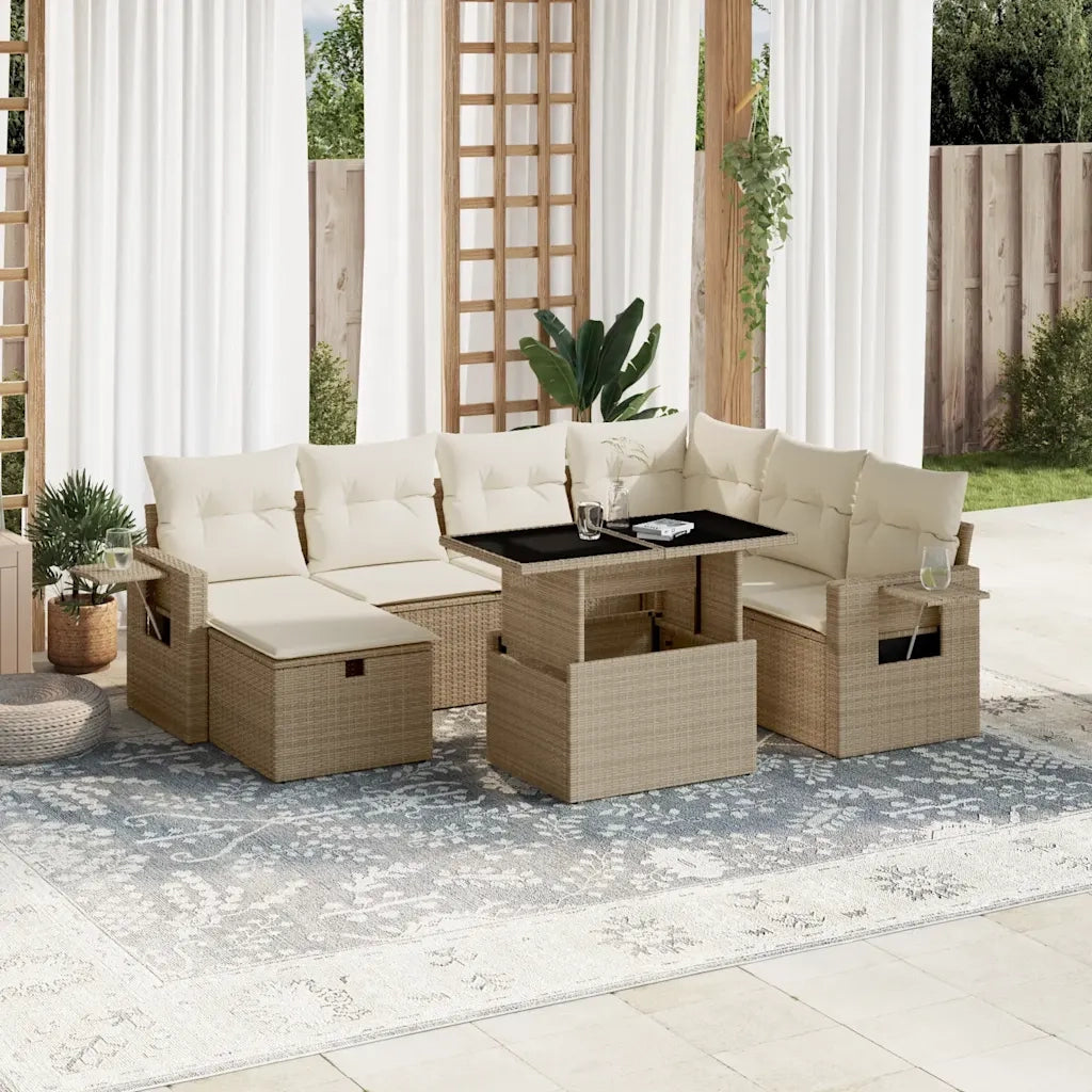 Set Divano da Giardino 8 pz con Cuscini Beige in Polyrattan