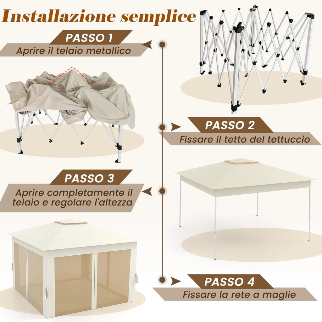 Gazebo Pieghevole 3,4 x 3,4 m con Zanzariera, Gazebo da Giardino con Tende Laterali, Tenda da Giardino Antivento Facile da Montare Resistente 210D con Borsa di Trasporto (Beige)