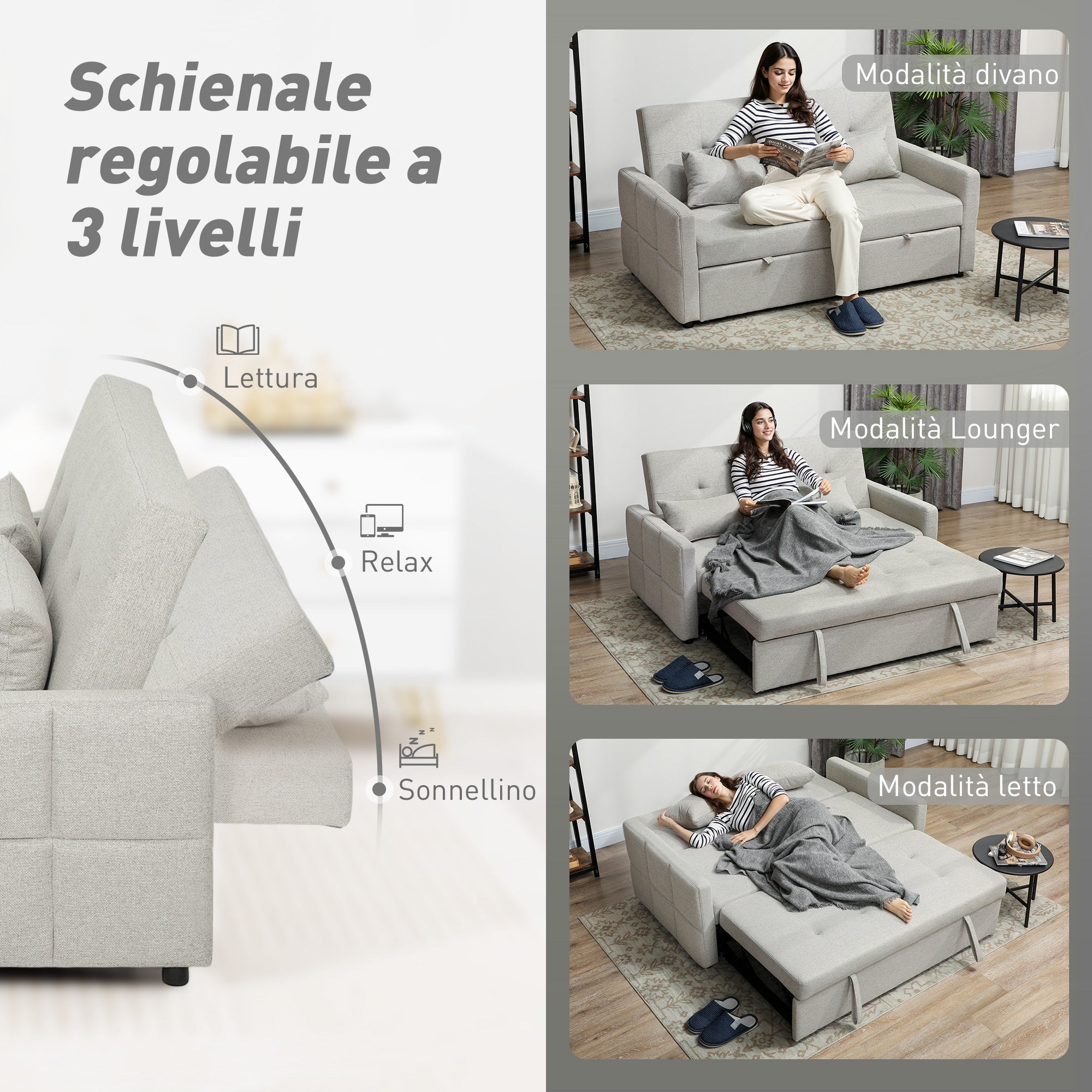 Divano Letto 2 Posti Convertibile Apertura Clic Clac con 2 Cuscini in Tessuto Marrone Chiaro