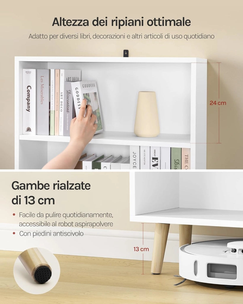 Libreria a 5 Ripiani, Scaffale Libreria da Terra Salvaspazio, Mobile Porta Libri in Legno Bianco Moderno, per Soggiorno, Camera da Letto, Studio, Ufficio, 60x24x144cm