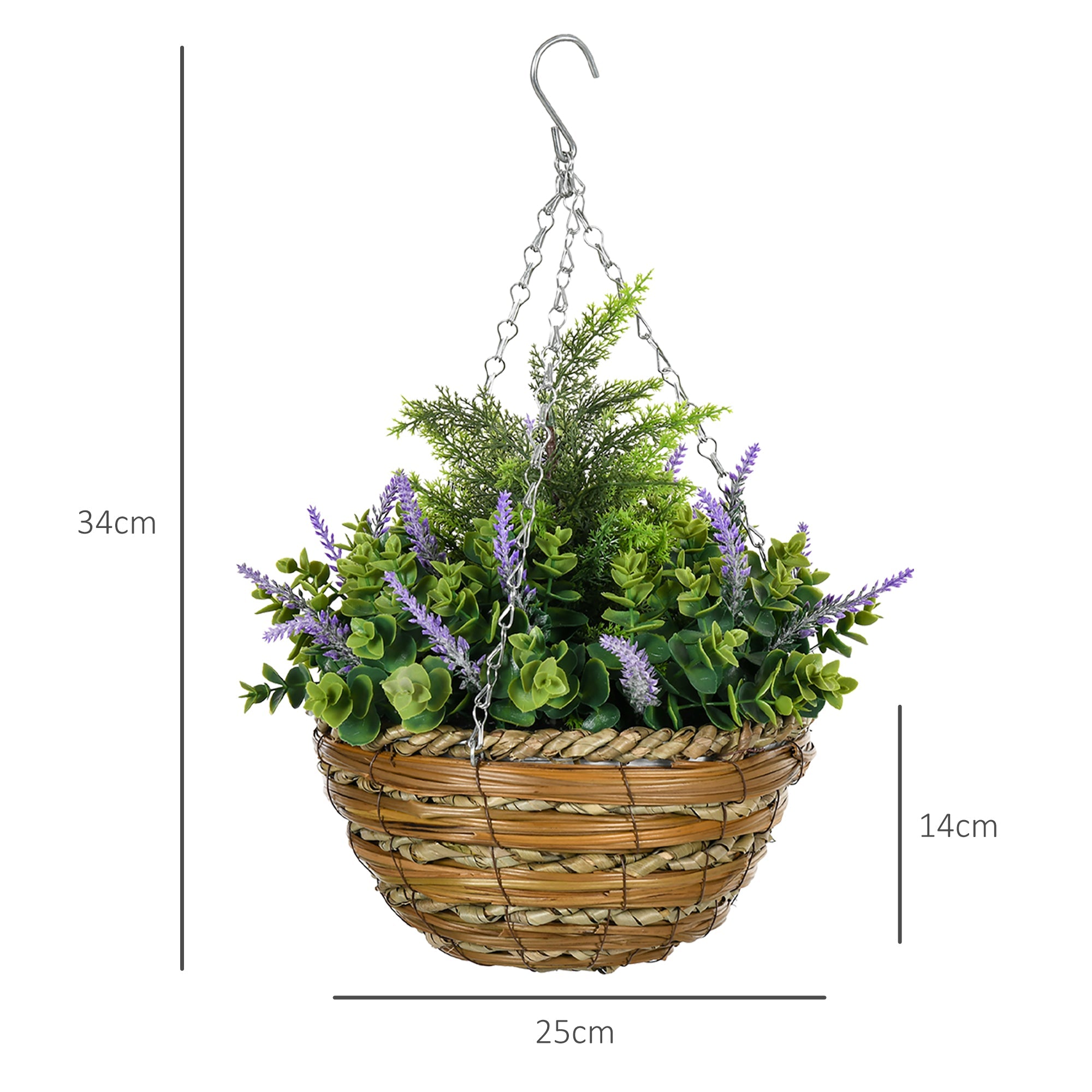 Set 2 Piante Artificiali di Lavanda Ø25x34 cm con Vaso e Gancio in PE e Vimini Verde e Viola