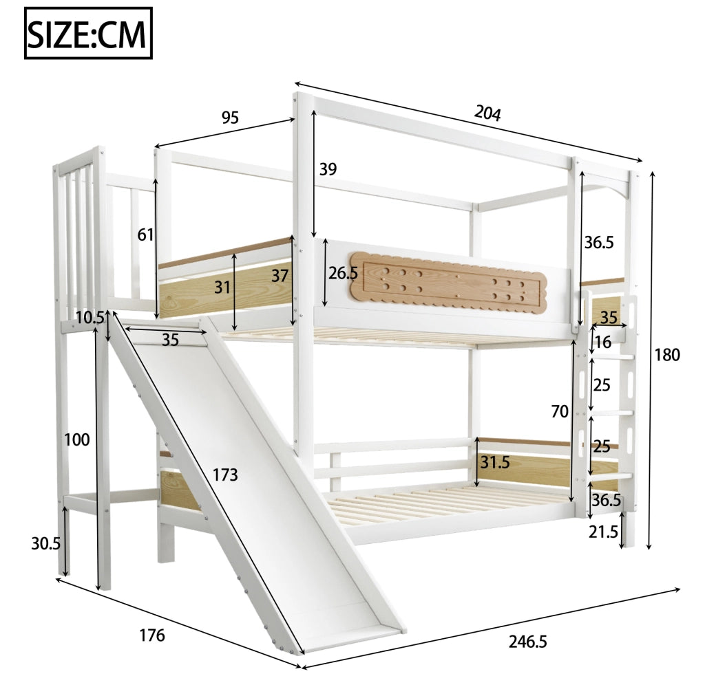 Letto a castello per bambini 90x200 cm con scivolo; scala larga e sponde; legno naturale e bianco