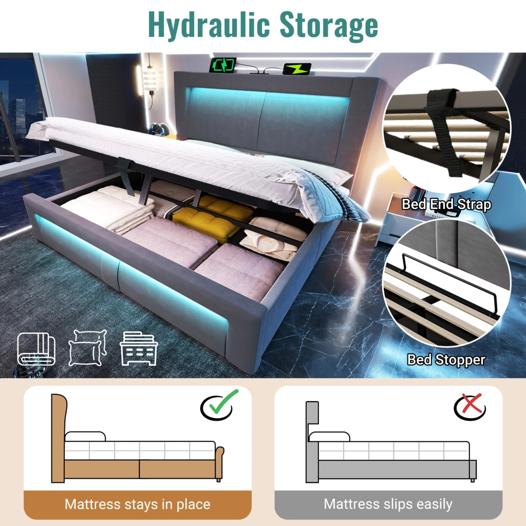 Letto contenitore matrimoniale 140 × 200 cm con LED regolabile, USB, Type-C e materasso, velluto grigio