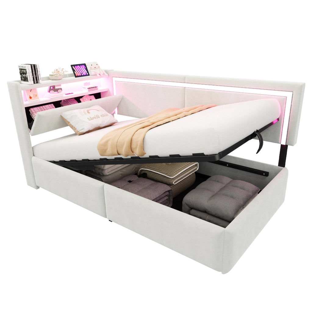 Divano letto imbottito 90x200 cm con LED, USB e contenitore