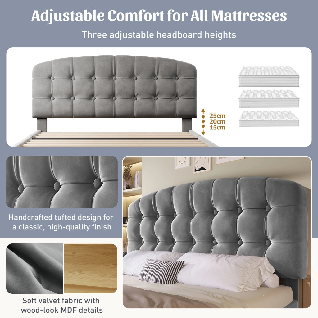 Letto matrimoniale – 140x200 cm – testiera regolabile cassetti – velluto grigio