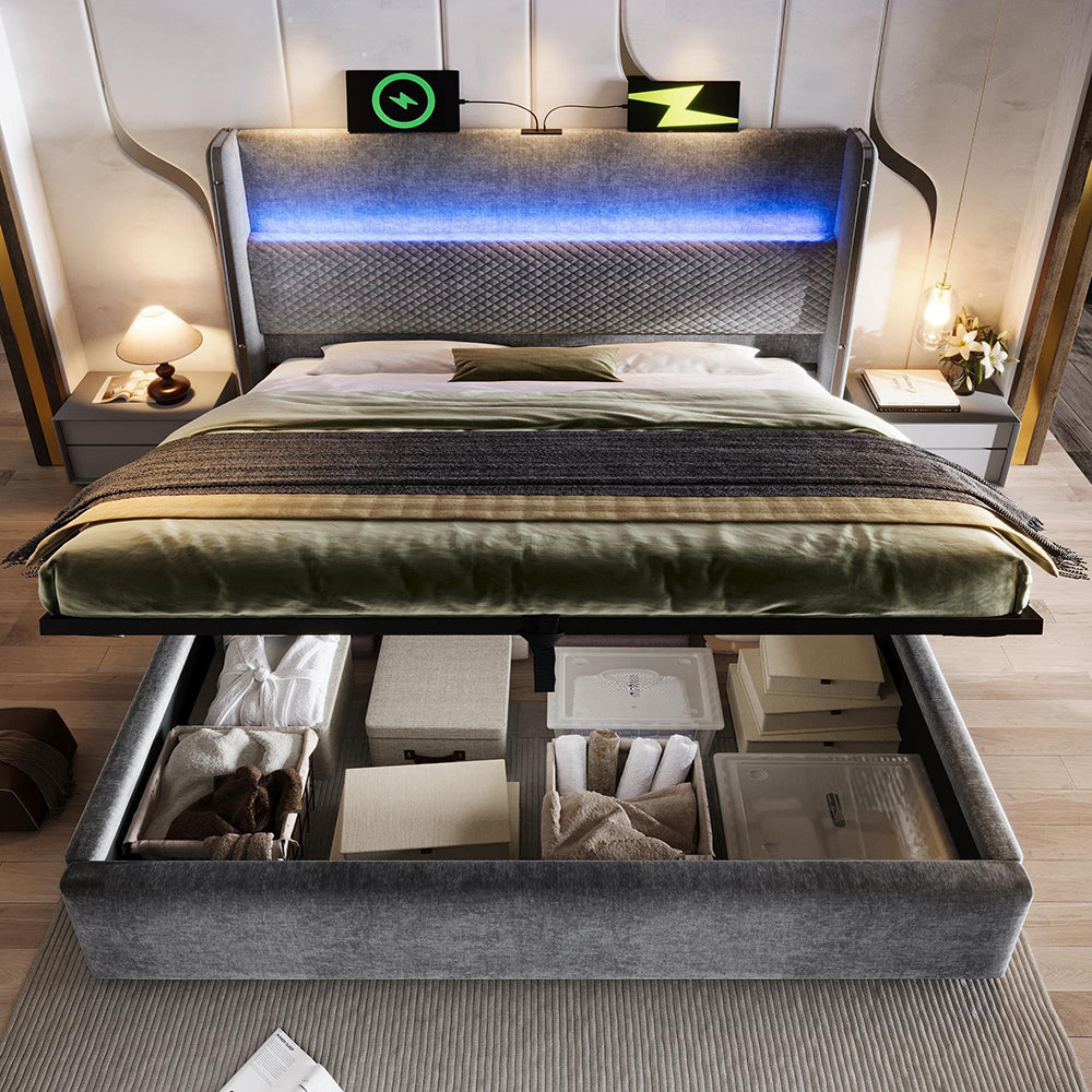 Letto 160x200cm?- Xylo - idraulico LED USB lino grigio