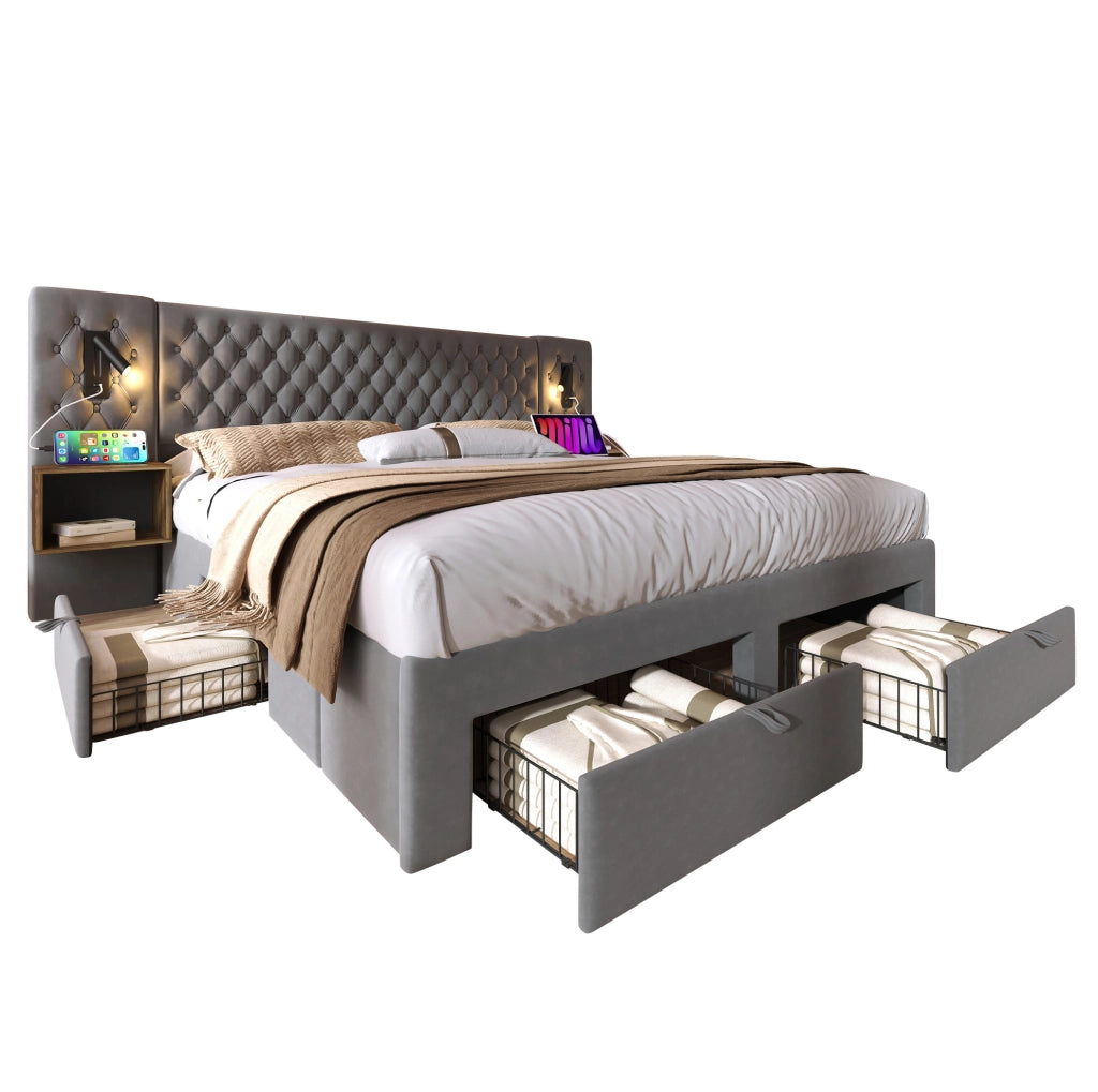 Letto matrimoniale 160x200 cm in velluto grigio con 4 cassetti; 2 comodini; luci lettura e USB