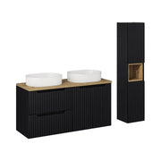 Insieme VANO 150cm : mobili sotto lavabo con cassetti e armadietti + piano per lavabo + due lavabi da appoggio scanalati + colonna