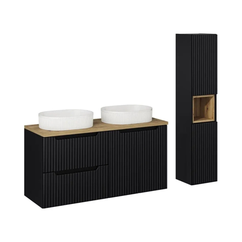 Insieme VANO 150cm : mobili sotto lavabo con cassetti e armadietti + piano per lavabo + due lavabi da appoggio scanalati + colonna