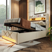 Letto singolo 90x200 cm con LED; 3 USB e USB C; contenitore idraulico; tessuto di lino beige