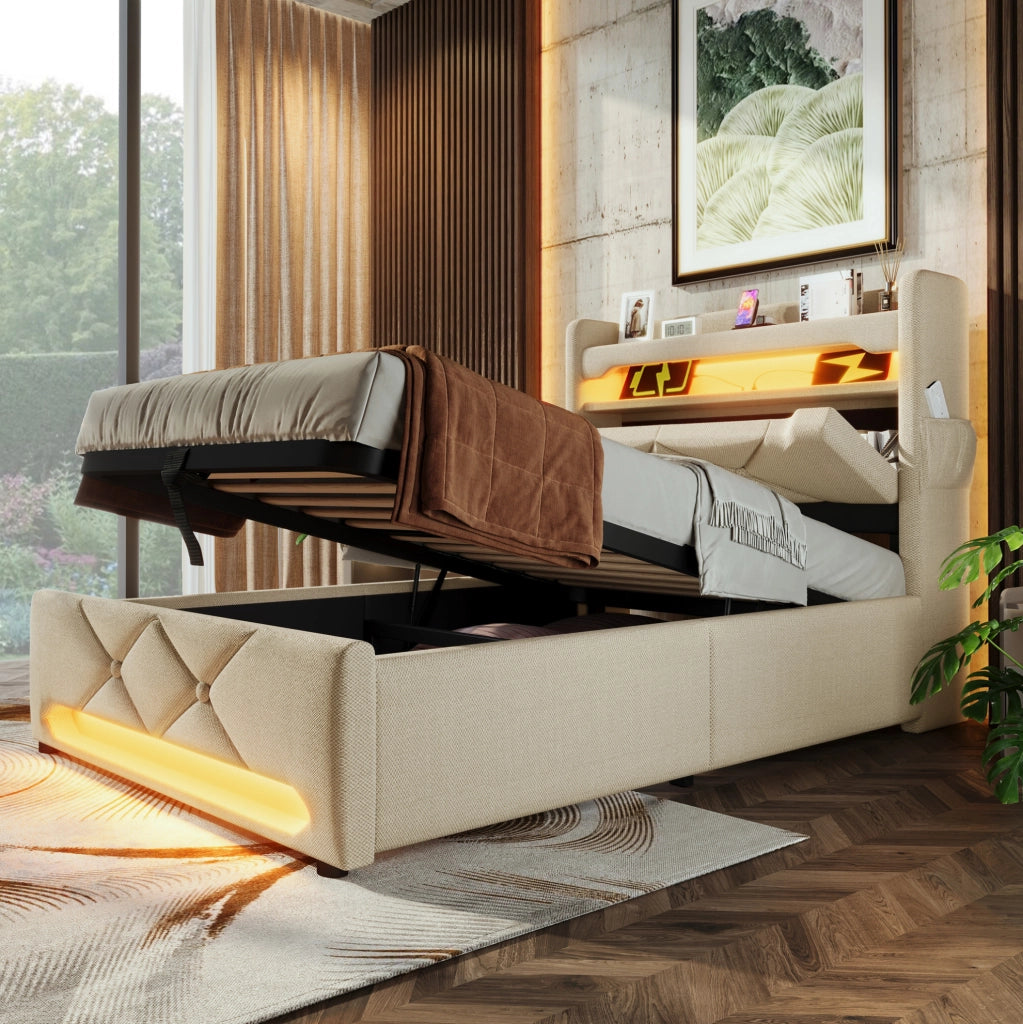 Letto singolo 90x200 cm con LED; 3 USB e USB C; contenitore idraulico; tessuto di lino beige
