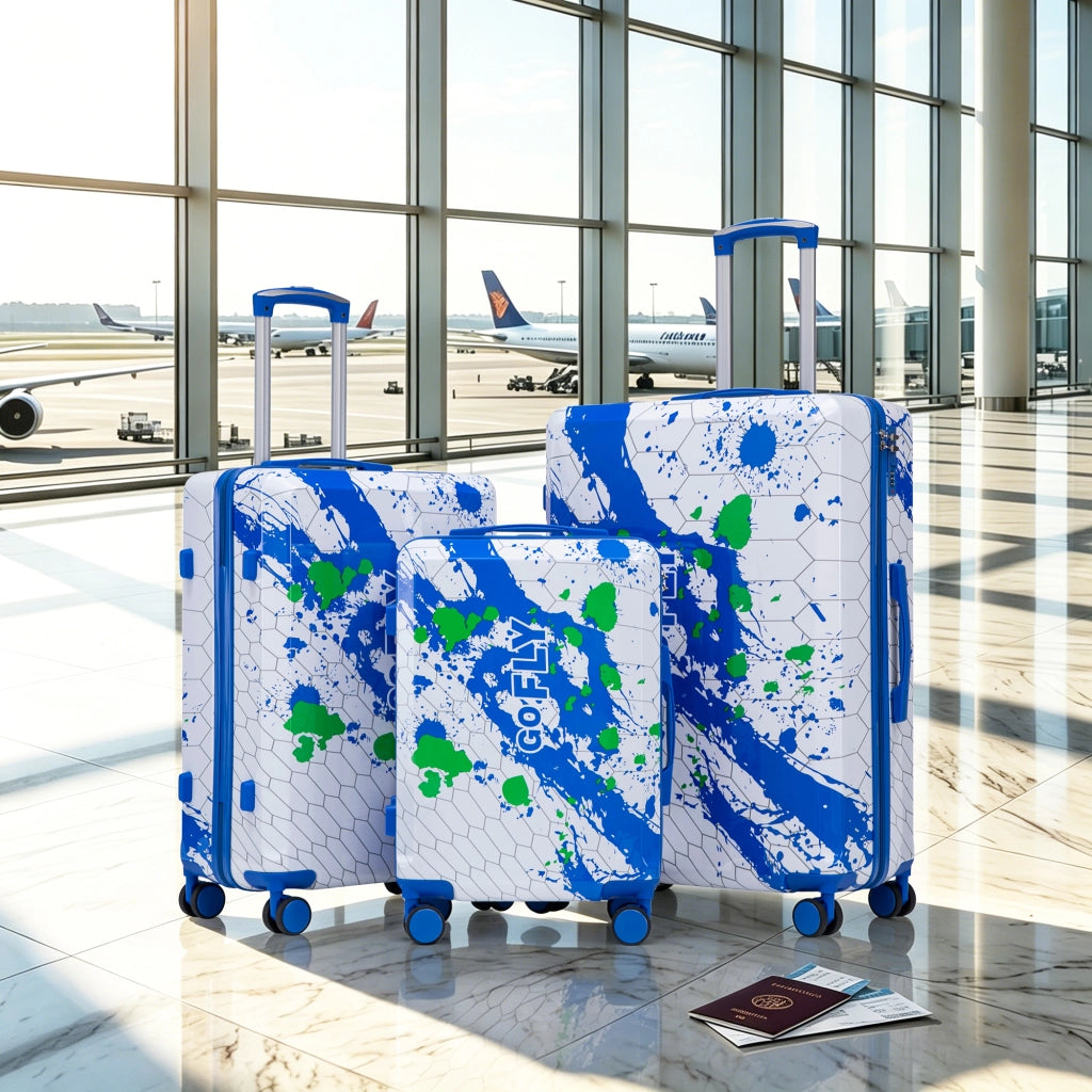 Set di 3 valigie rigide in pc con stampa a spruzzi, lucchetto a combinazione e ruote girevoli blu