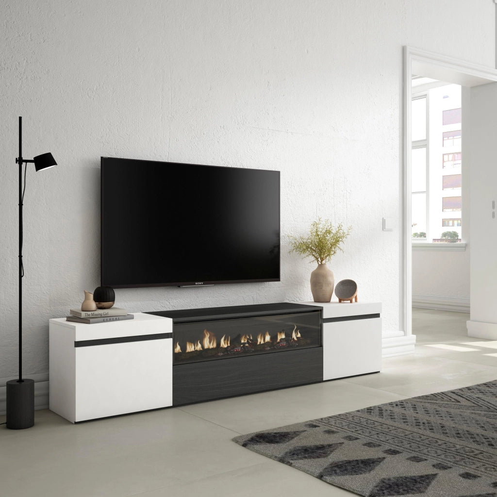 Mobile TV, 200x35x45cm, soggiorno, Per TV fino a 80", Camino elettrico, Bianco e nero RF2205