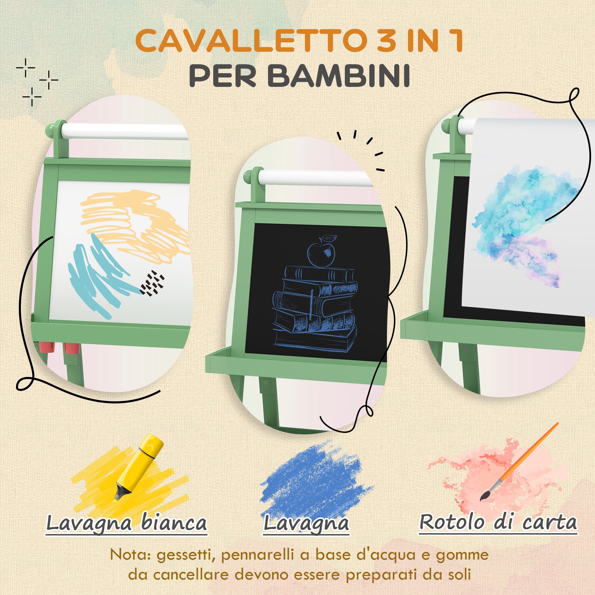 Lavagna per Bambini 59x48x118 cm a Gesso Magnetica e Rotolo di Carta in Legno Verde