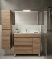 Mobile Bagno FENRIR Già Montato 2 cassetti e porta con piedini, lavabo e specchio Estepa 90x40 cm con colonna