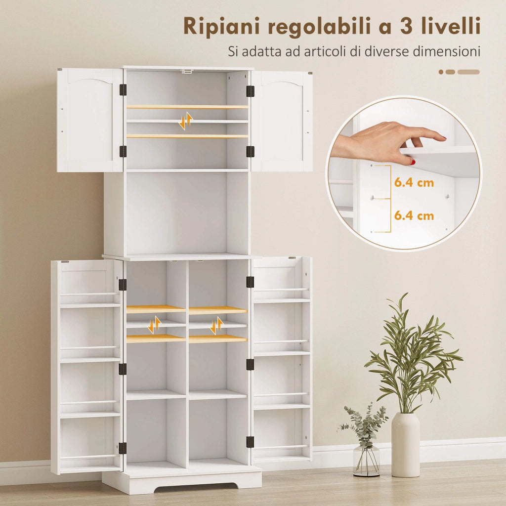 Credenza da Cucina Alta Stile Country, 2 Armadietti e 8 Portaspezie, 60x40x181.5 cm, Bianco