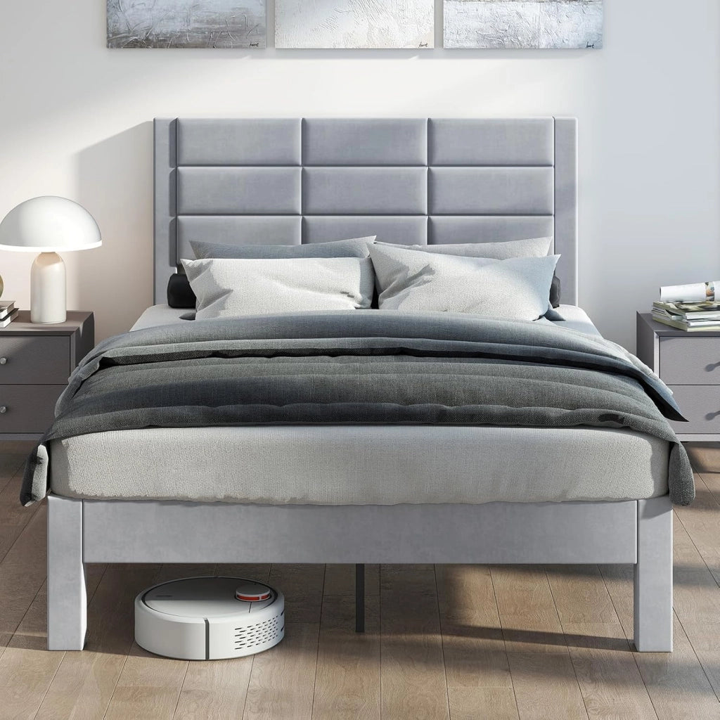 Struttura Letto Imbottito Matrimoniale 140x200 cm, Letto Piattaforma Imbottito, con Testiera in Morbido Tessuto di Velluto e Supporto a Doghe di Legno, Silenzioso, Carico 250kg (Stile 1)
