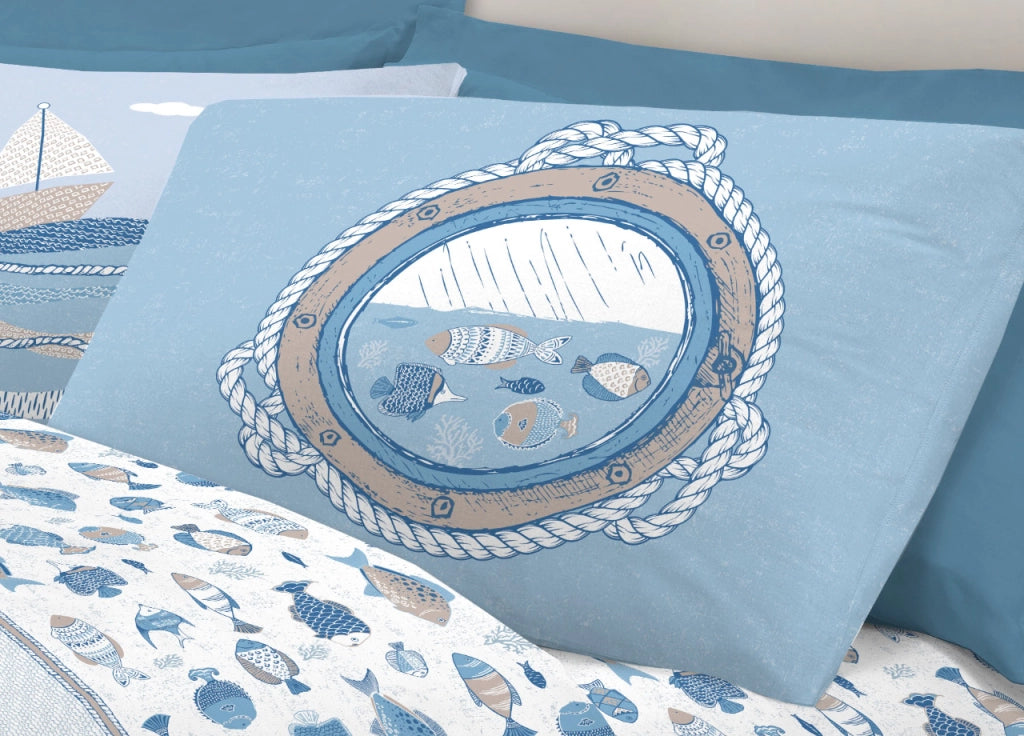 Completo Lenzuola Letto Pensieri Delicati 100% Cotone Disegno Oceano - Singolo - Bianco
