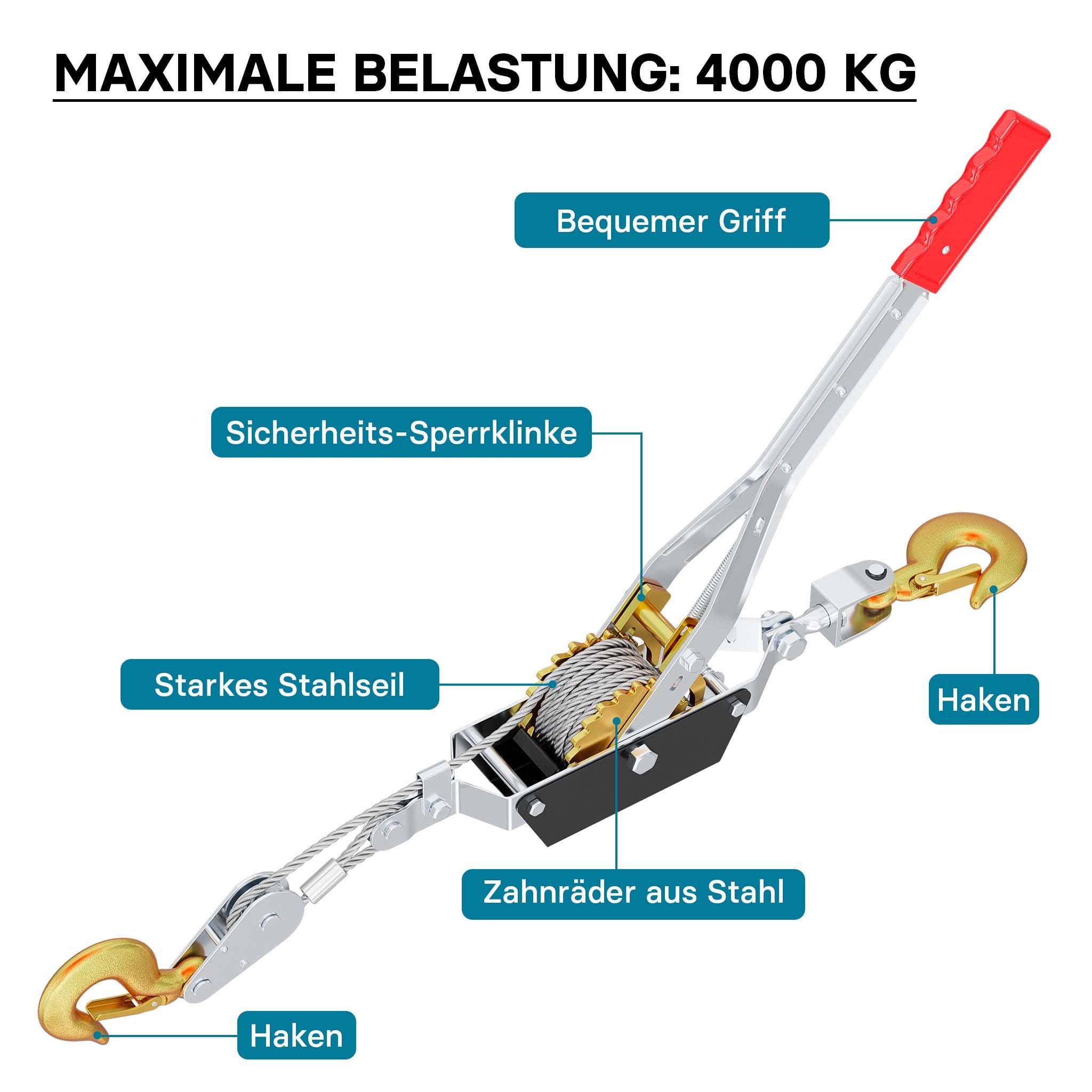 Paranco a leva max 4000 kg 3 m 2 ganci di carico Argano manuale a fune