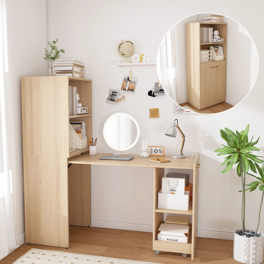 Scrivania richiudibile con vano contenitore; piano estraibile e ripiani regolabili; in MDF colore legno naturale